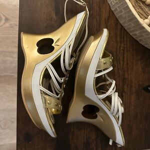 Vintage Apple Bottoms Gold and White Wedge Sandals with Heart Cutout